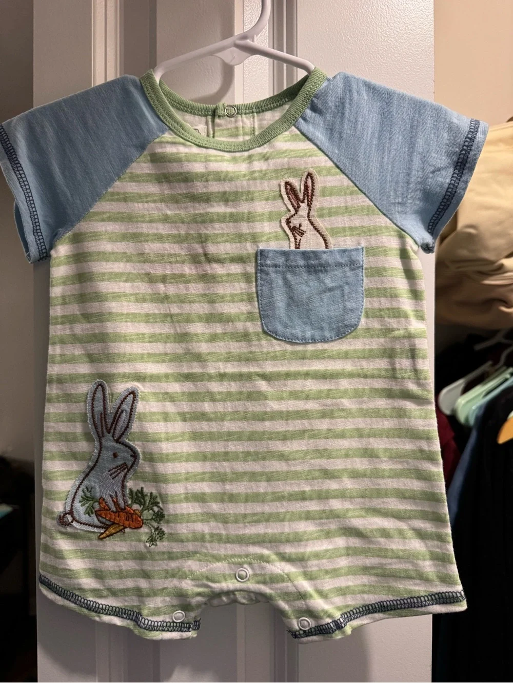 Mud Pie Striped Green & White Baby Romper with Blue Pocket and Bunny Applique